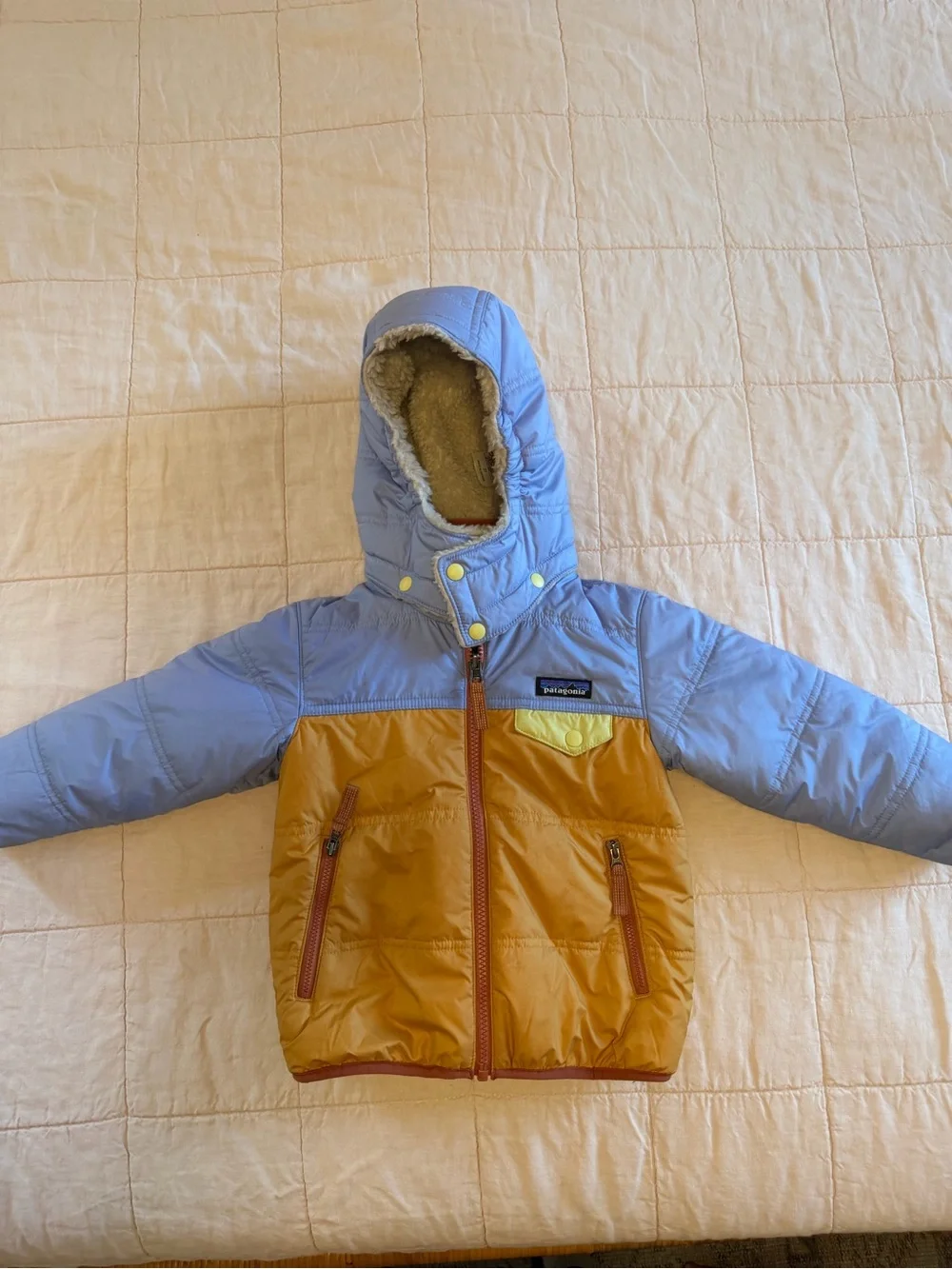 EUC Patagonia Colorblock Puffer Jacket in Light Blue & Mustard